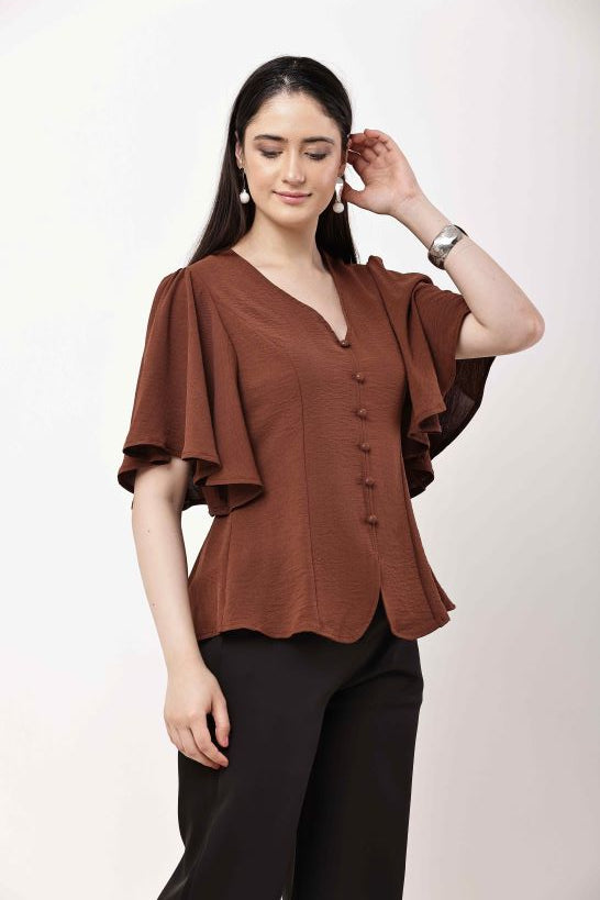Olive Green Women Top Flutter Sleeve Elegant Blouse