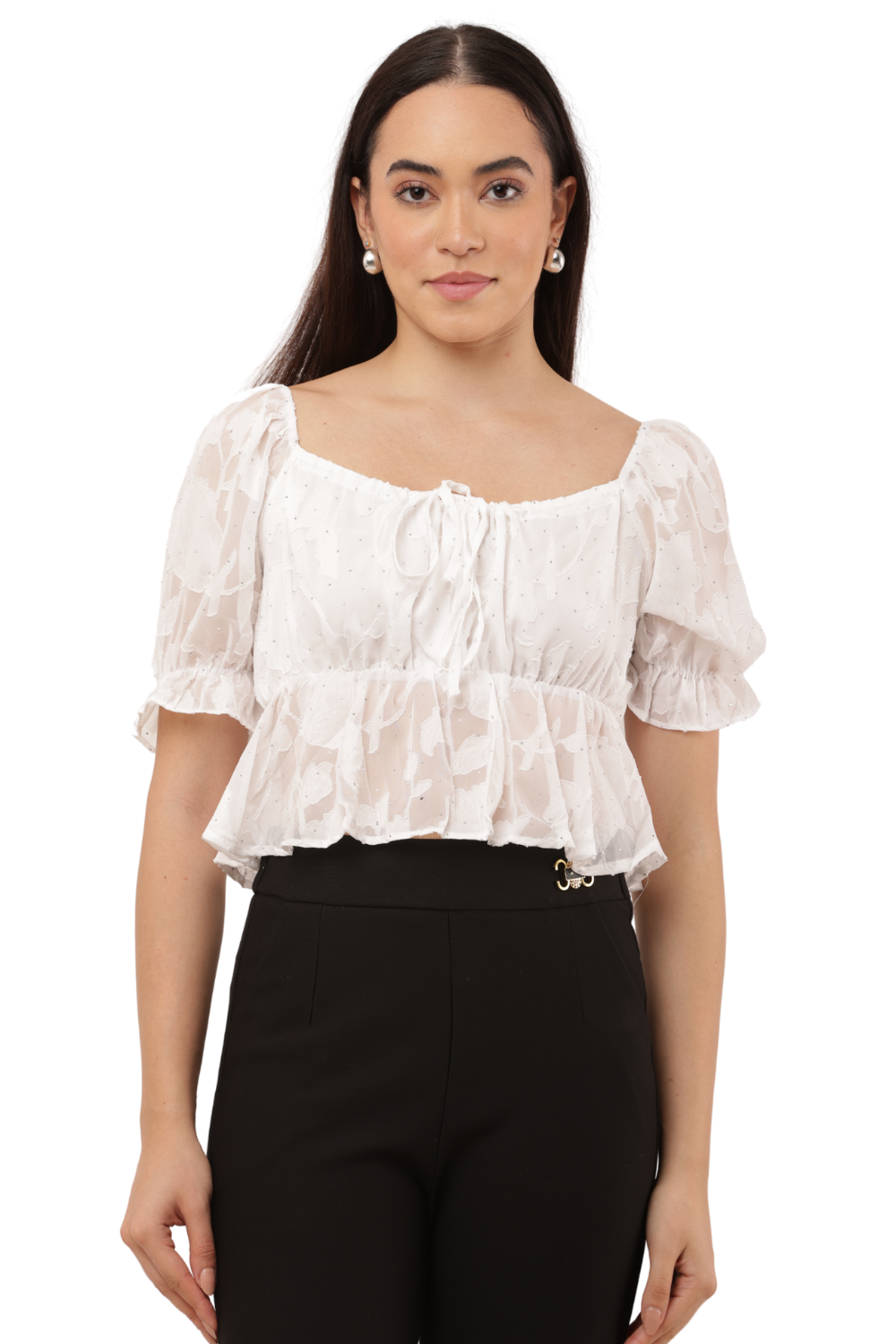 Blush Pink Floral Sheer Puff Sleeve Peplum Korean Top