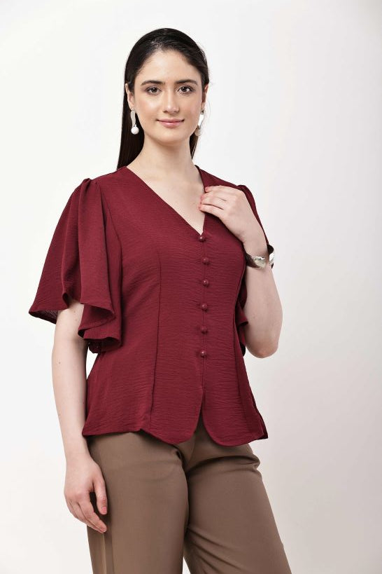 Olive Green Women Top Flutter Sleeve Elegant Blouse