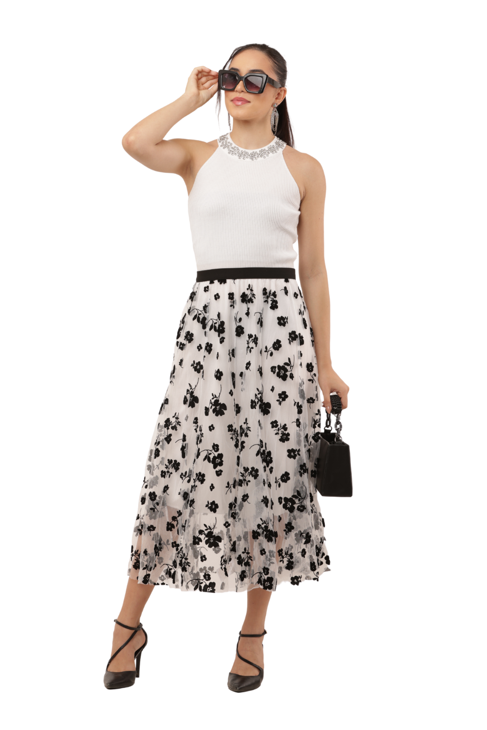 Black Mesh Floral Embroidered Korean Long Skirt – High Waist, A-Line, Pleated Midi
