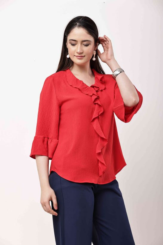 Beige Ruffle Top Women Flared Sleeve Elegant Blouse