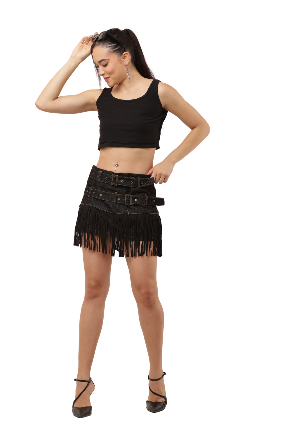 Denim Fringe Mini Skirt with Dual Belt Detail