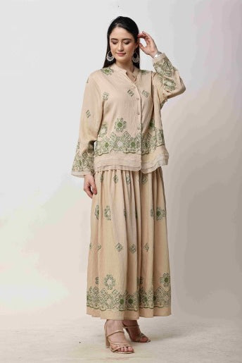 Beige Embroidered Kurta Skirt Set for Women | Eid & Festive Wear