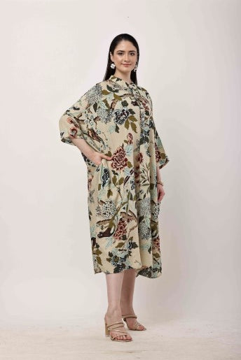 Beige Floral Kaftan Dress | Oversized Korean Style Outfit for Women