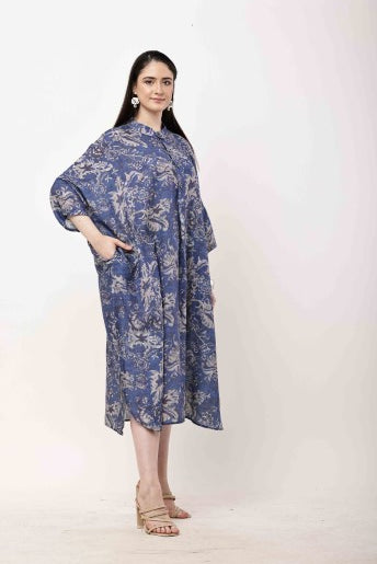 Blue Floral Kaftan Dress Women Oversized Midi Dress