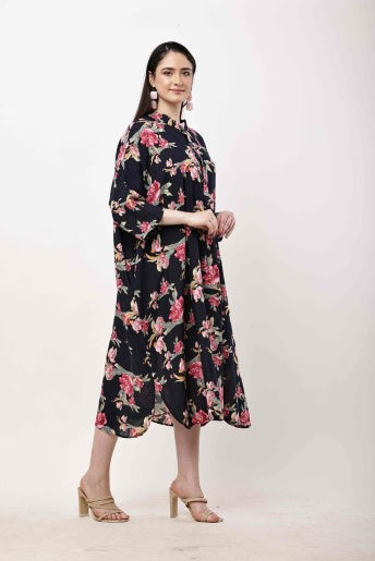 Black Floral Kaftan Dress Women Oversized Midi Dress