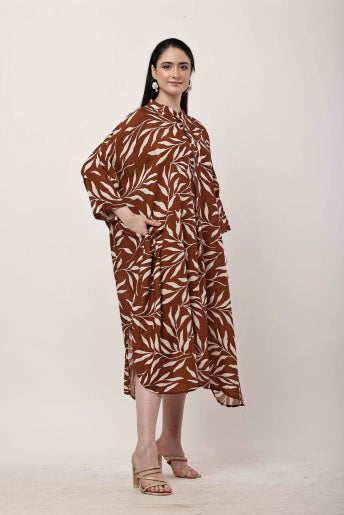 Rust Brown Printed Kaftan Dress for Women | Oversized Korean Style Outfit
