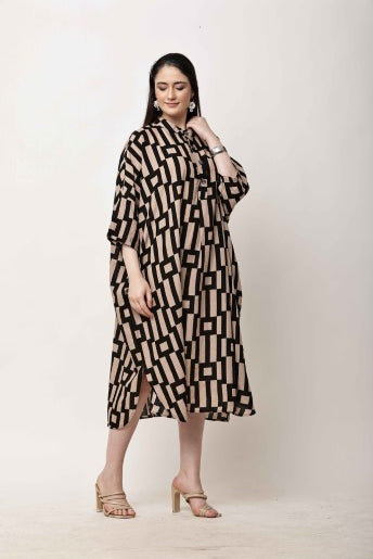 Beige Black Geometric Kaftan Dress for Women | Eid & Ramadan Wear