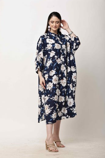 Navy Blue Floral Kaftan Dress for Women | Eid & Ramadan Wear