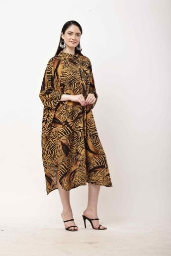 Tiger Print Kaftan Dress Women Oversized Midi Dress