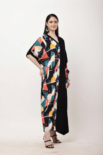 Abstract Color Block Kaftan Dress Women Maxi Dress
