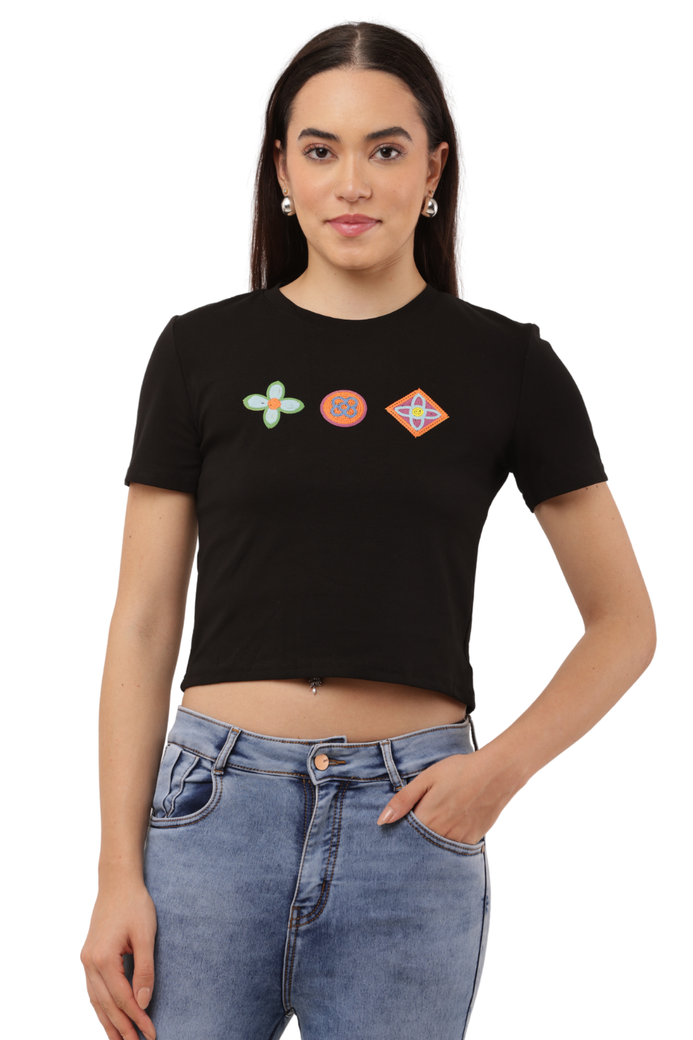 Embroidered Crop Top Free Size with Korean-Inspired Motifs