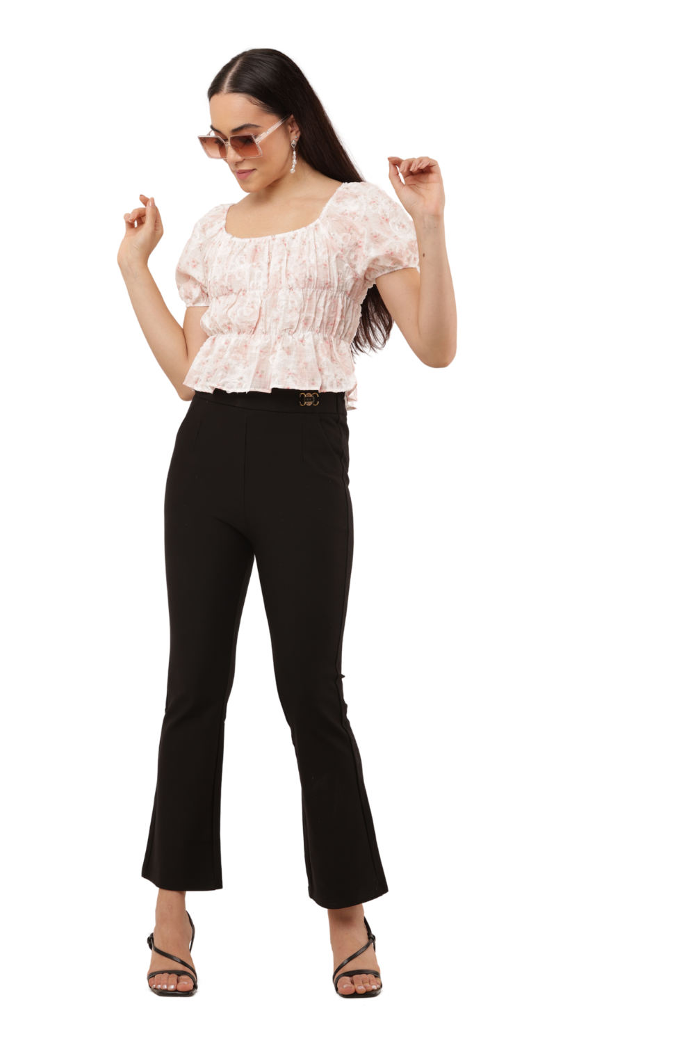 Blush Pink Floral Sheer Puff Sleeve Peplum Korean Top