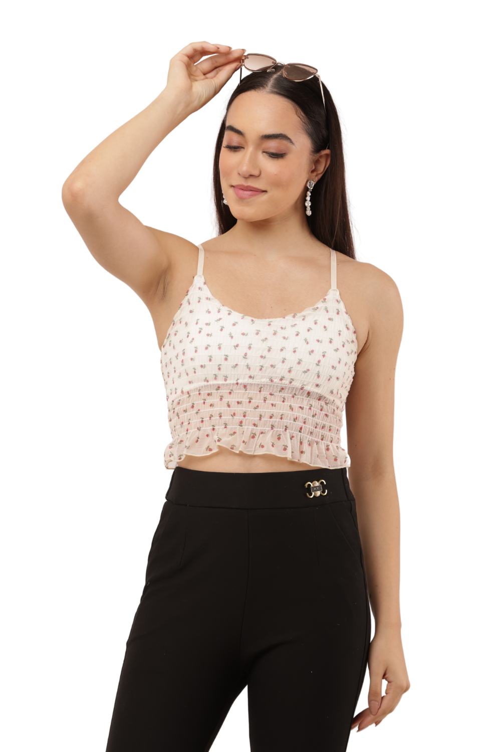 Strawberry Print Free Size Smocked Crop Top with Ruffle Hem – Korean Fashion