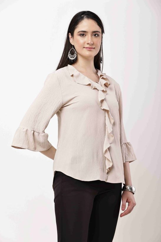 Beige Ruffle Top Women Flared Sleeve Elegant Blouse
