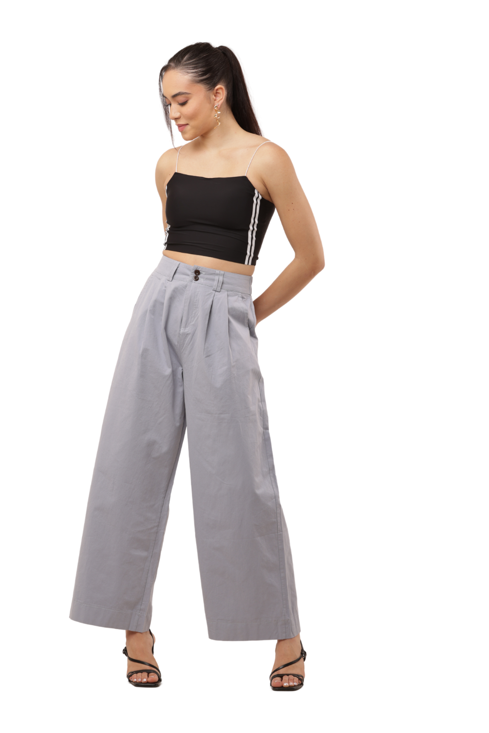 High-Waist Wide-Leg Korean Cotton Pants – Light Grey