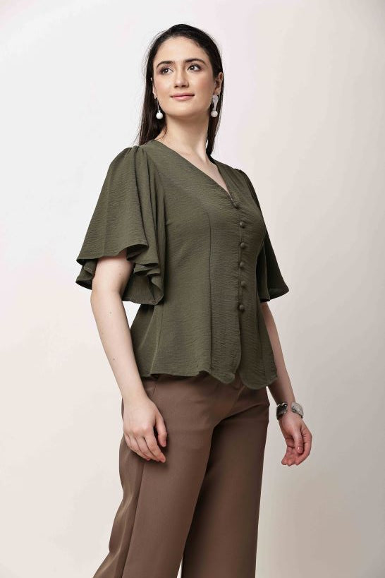 Olive Green Women Top Flutter Sleeve Elegant Blouse