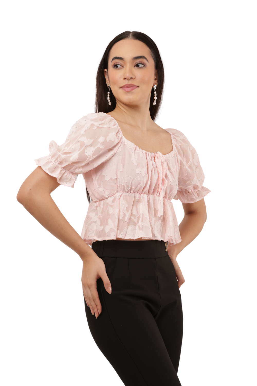 Blush Pink Floral Sheer Puff Sleeve Peplum Korean Top