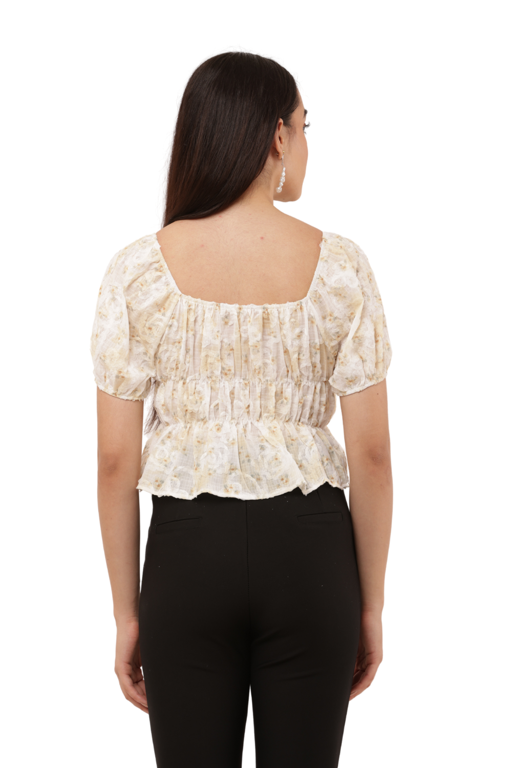 Blush Pink Floral Sheer Puff Sleeve Peplum Korean Top