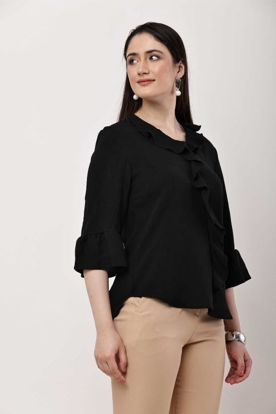 Beige Ruffle Top Women Flared Sleeve Elegant Blouse