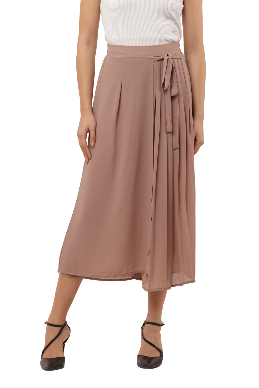 High-Waist Pleated Culottes with Side Tie Detail