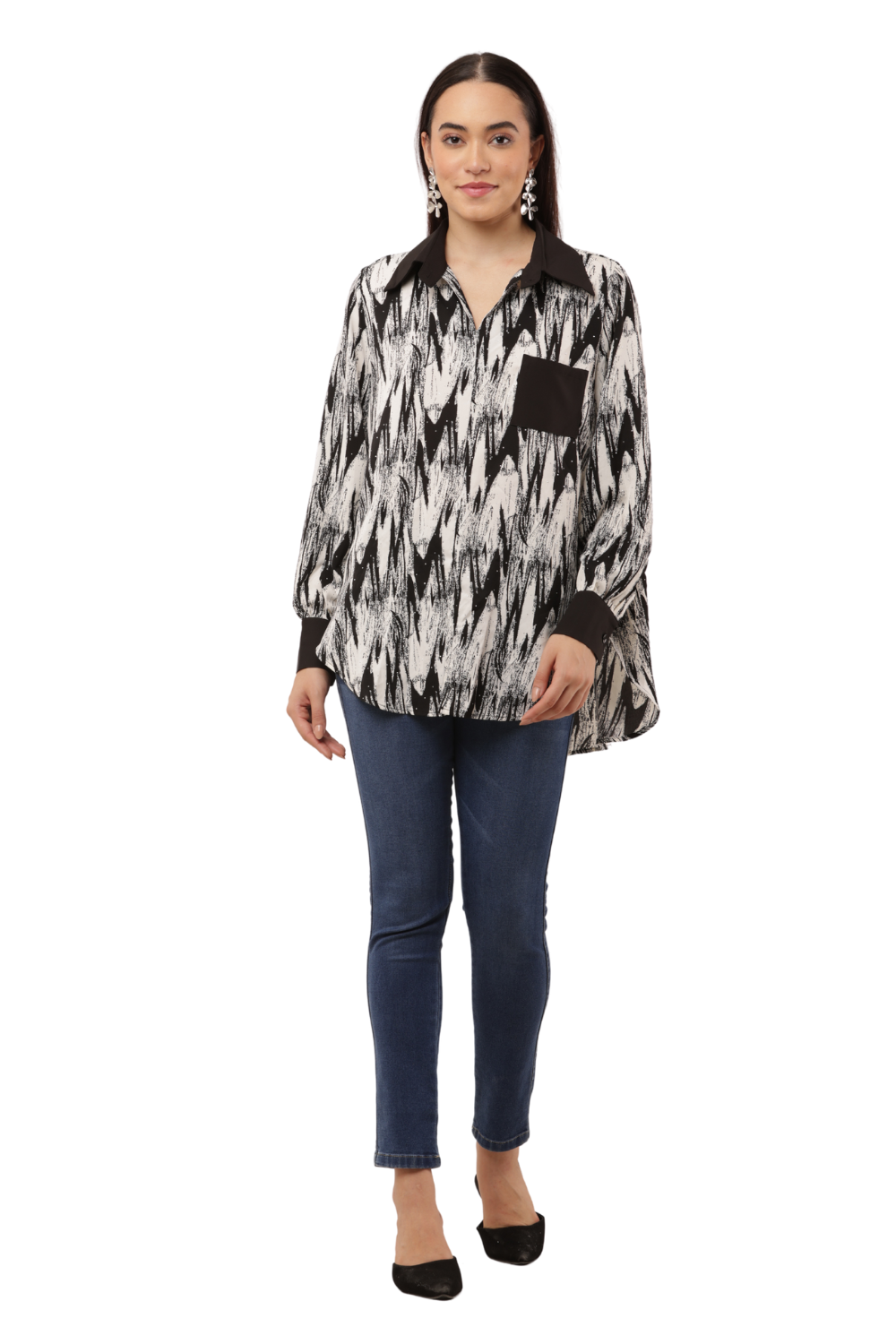 Oversized Abstract Print Button-Down Free Size Shirt with Contrast Detailing