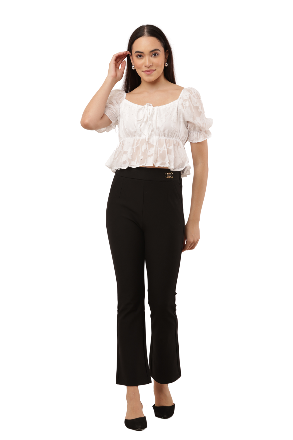 Sheer Puff Sleeve Mesh Peplum Top with Tie Front - Free Size