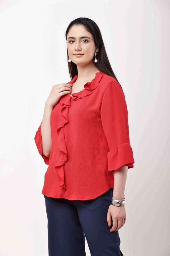 Beige Ruffle Top Women Flared Sleeve Elegant Blouse
