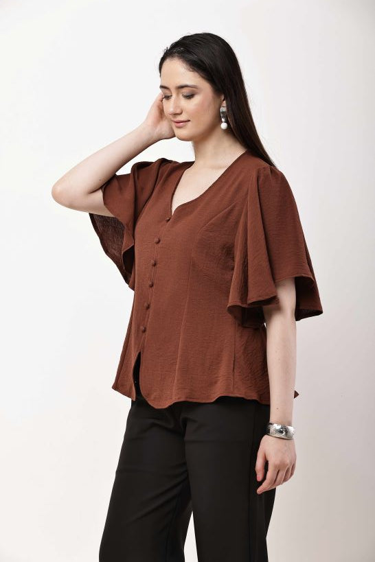 Olive Green Women Top Flutter Sleeve Elegant Blouse