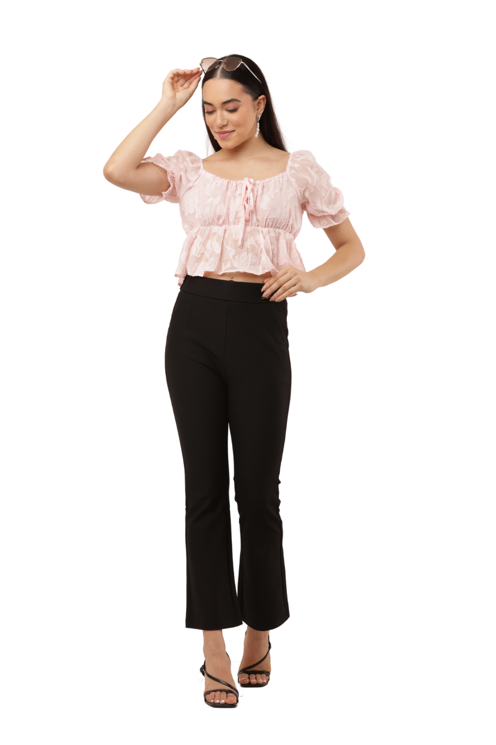 Blush Pink Floral Sheer Puff Sleeve Peplum Korean Top