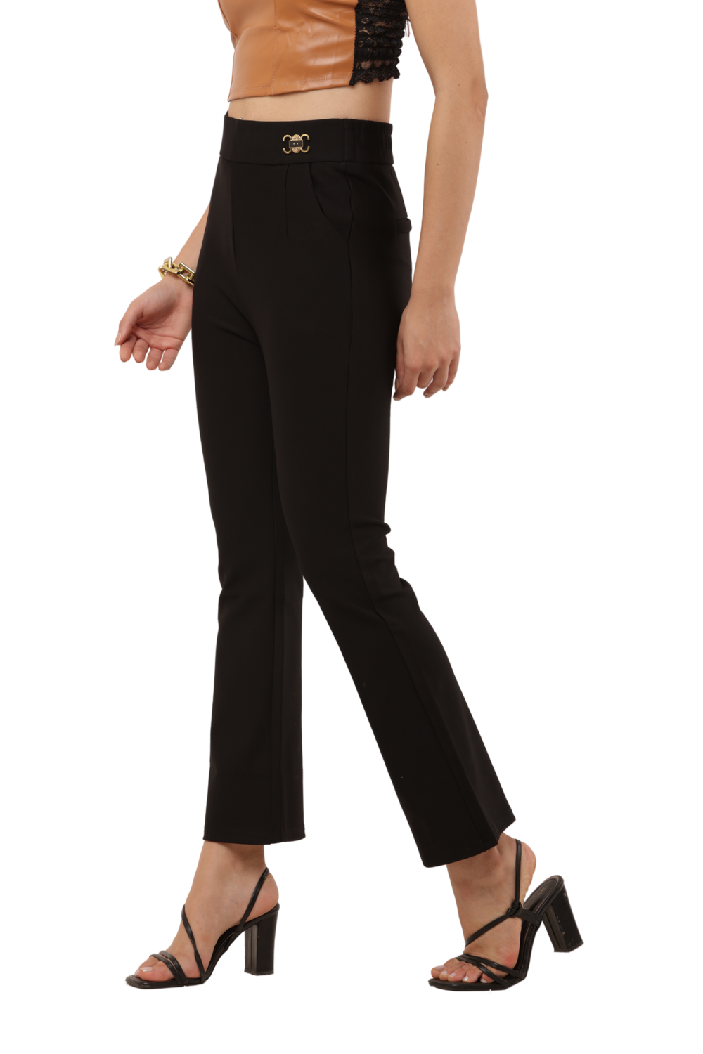 High-Waist Black Flared Pants with Gold Buckle – Korean Fashion Style