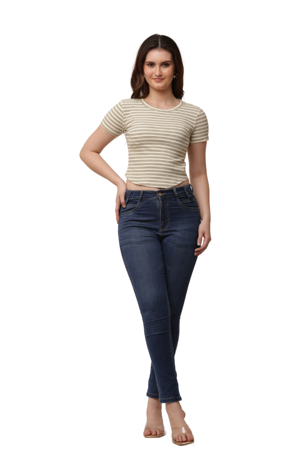 Ribbed Fitted Striped Korean T-Shirt Free Size – Casual Round Neck Tee