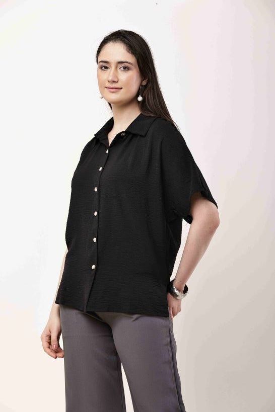 Black Textured Relaxed Fit Shirt for Women | Korean Style Top