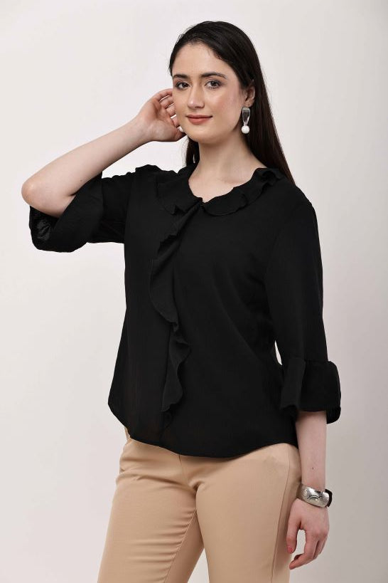 Beige Ruffle Top Women Flared Sleeve Elegant Blouse