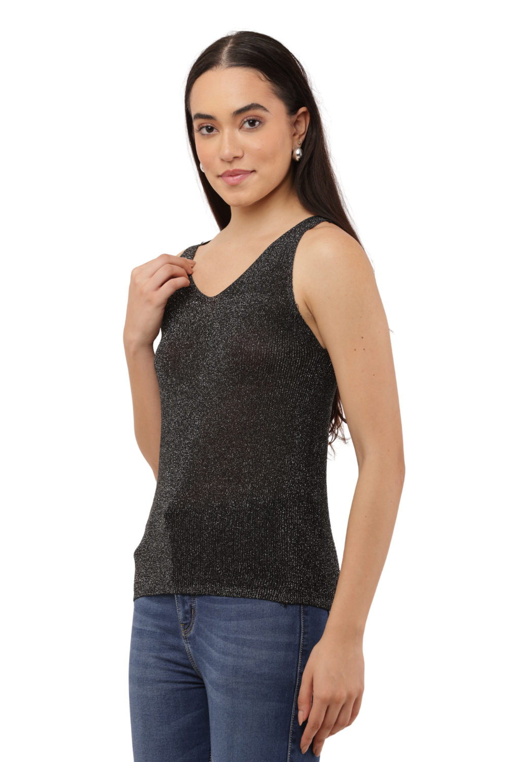 ✨ Shimmer Knit Sleeveless Top – V-Neck Style