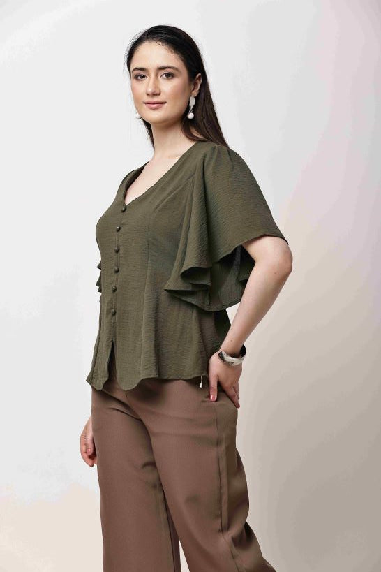 Olive Green Women Top Flutter Sleeve Elegant Blouse
