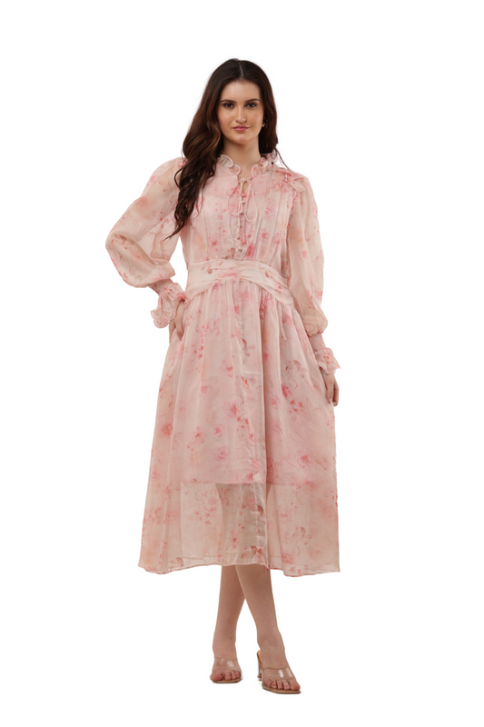 Elegant Floral Ruffle Midi Korean Dress – Sheer Organza | Korean Fashion Clothes