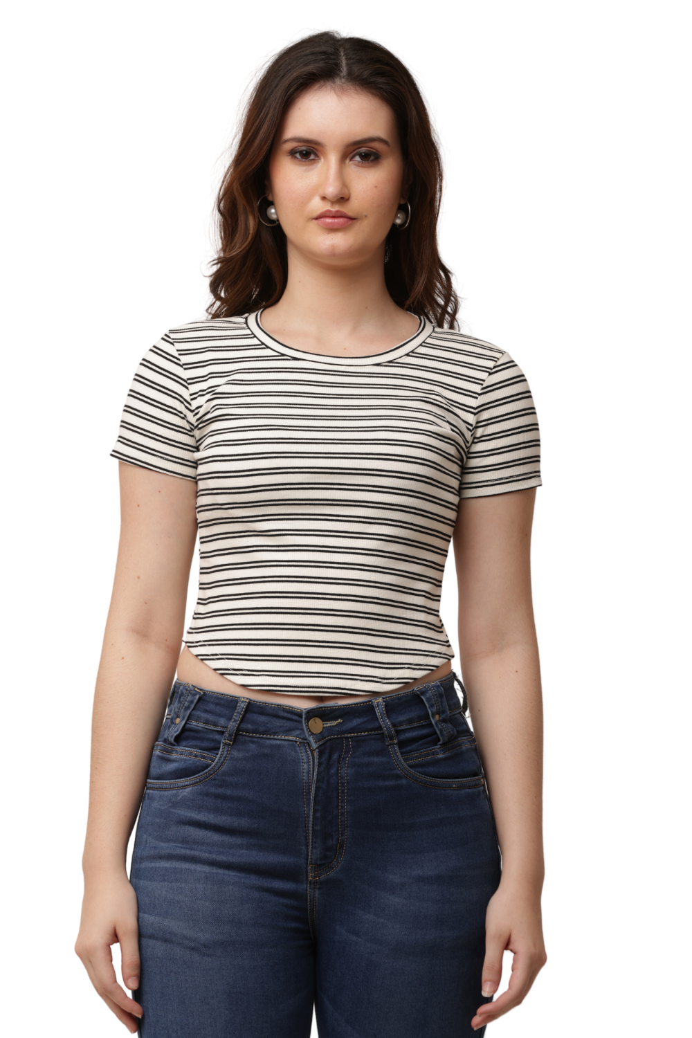 Ribbed Fitted Striped Korean T-Shirt Free Size – Casual Round Neck Tee