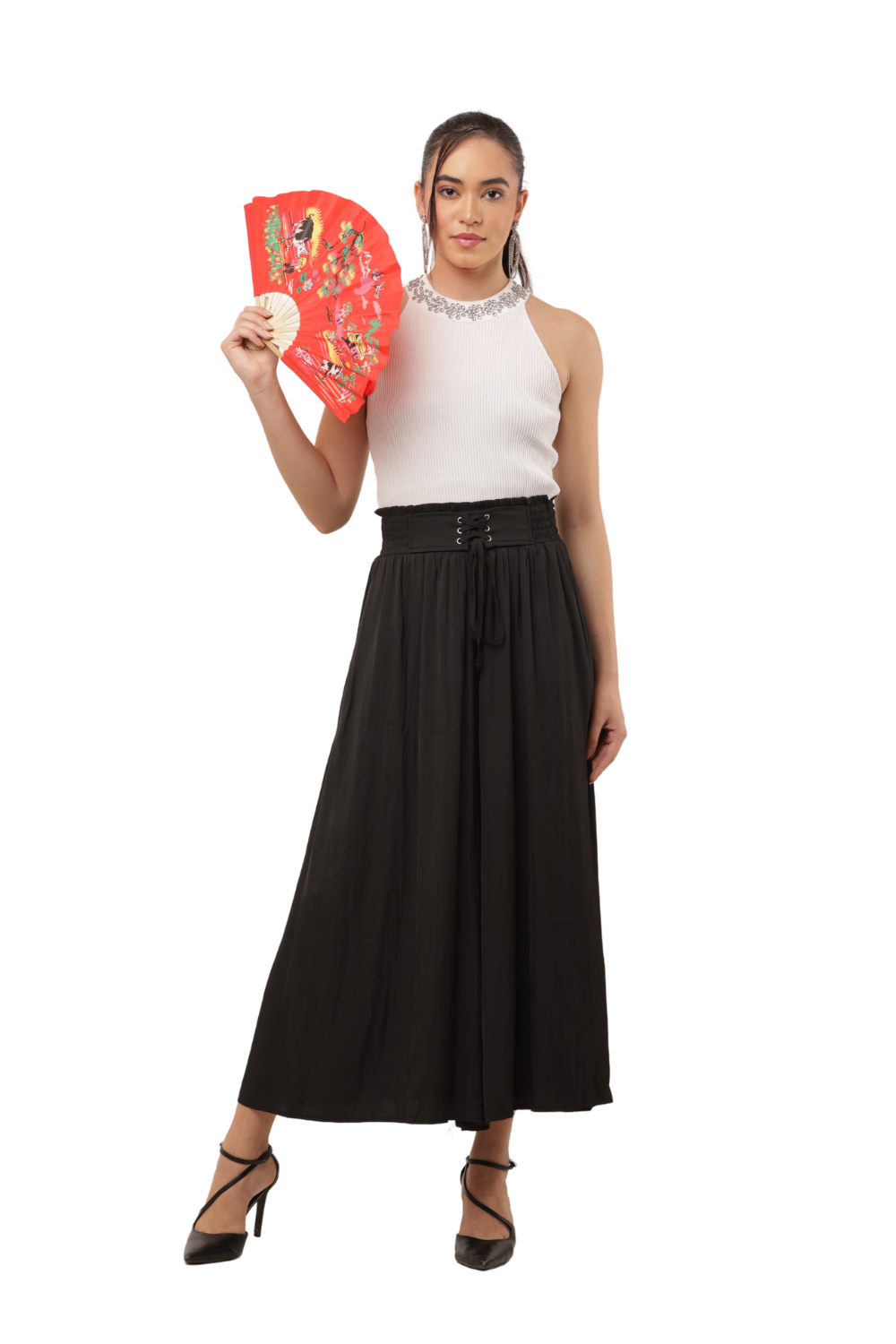 High Waist Flared Palazzo Pants with Corset Tie Detail
