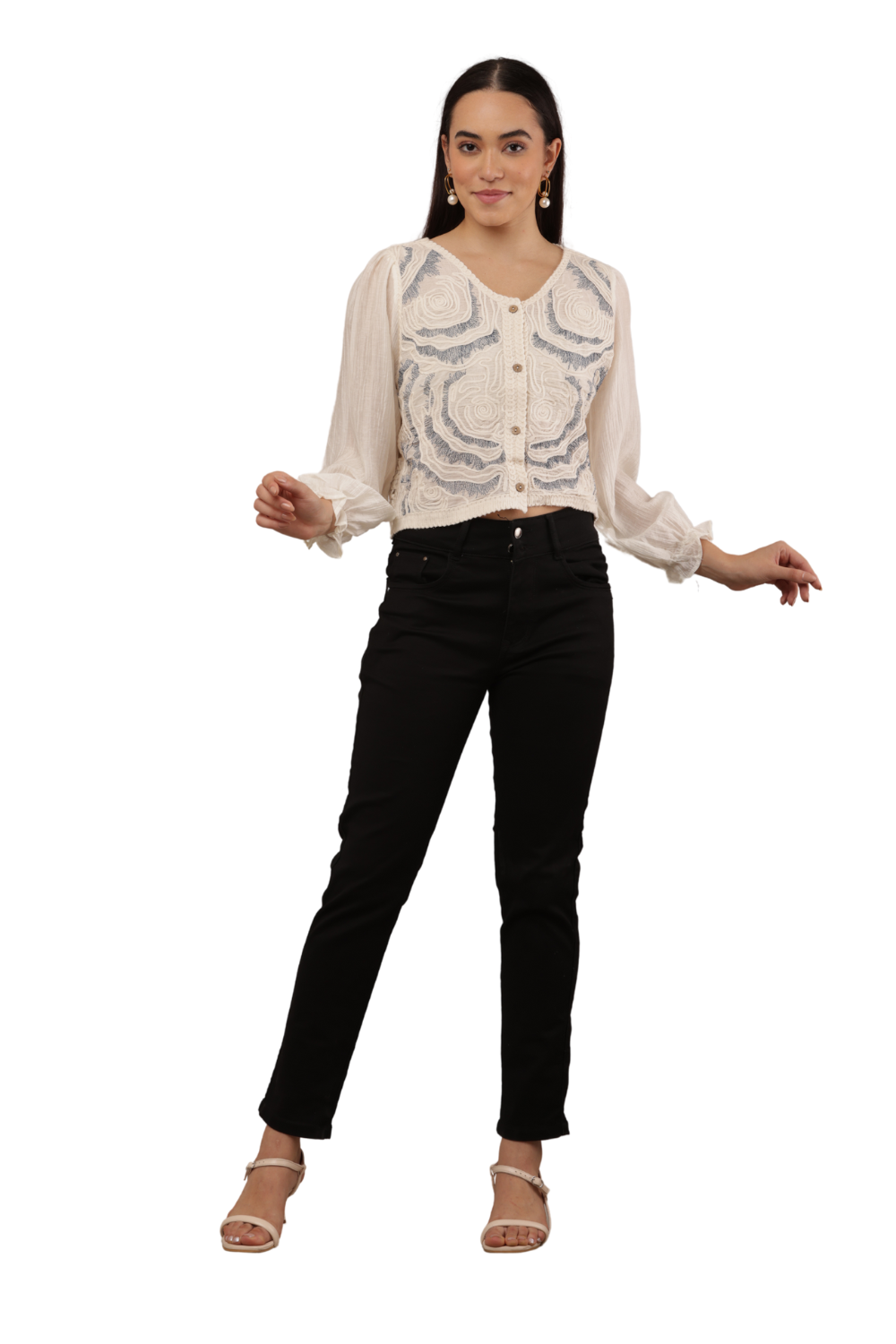 Elegant Embroidered Button-Front Free Size Korean Top with Balloon Sleeves