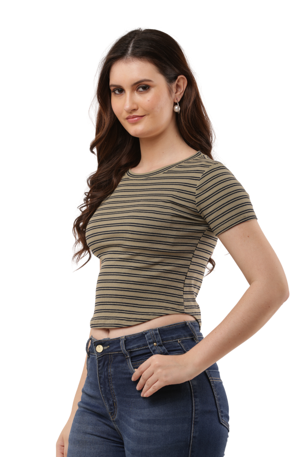 Ribbed Fitted Striped Korean T-Shirt Free Size – Casual Round Neck Tee