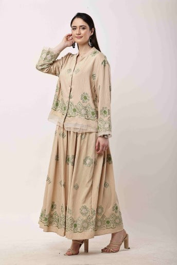 Beige Embroidered Kurta Skirt Set for Women | Eid & Festive Wear