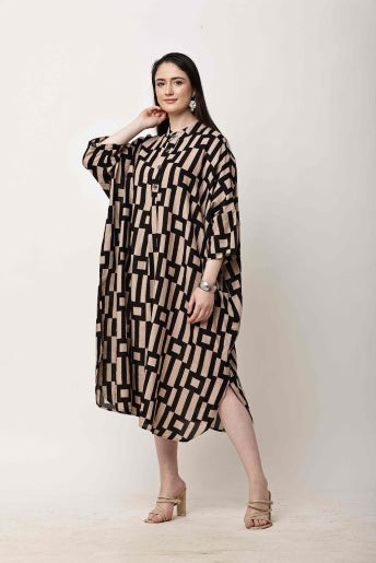 Beige Black Geometric Kaftan Dress for Women | Eid & Ramadan Wear