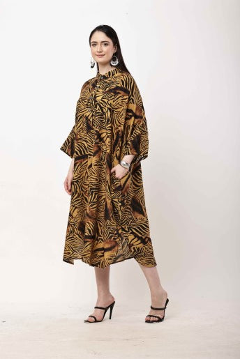 Tiger Print Kaftan Dress Women Oversized Midi Dress