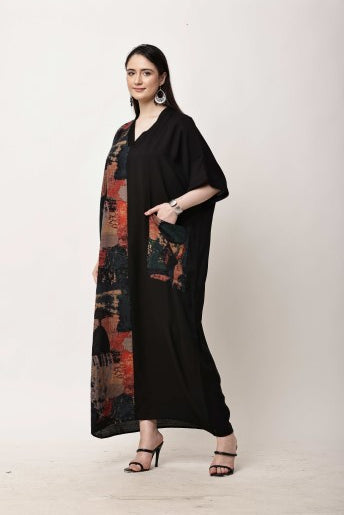 Black Printed Kaftan Dress for Women | Eid & Ramadan Festive Wear