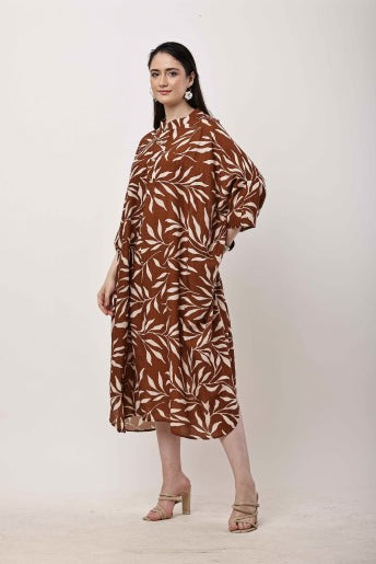 Rust Brown Printed Kaftan Dress for Women | Oversized Korean Style Outfit