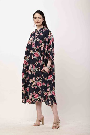 Black Floral Kaftan Dress Women Oversized Midi Dress