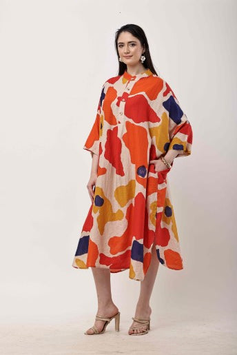 Abstract Print Kaftan Dress | Oversized Korean Style Women Outfit