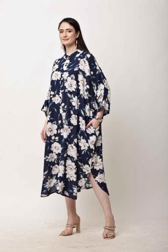 Navy Blue Floral Kaftan Dress for Women | Eid & Ramadan Wear