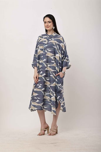 Blue Abstract Kaftan Dress | Oversized Korean Style Women Outfit